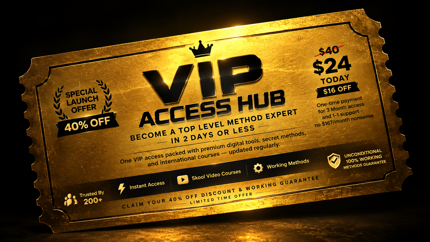 VIP access hub with premium tools, courses, and methods